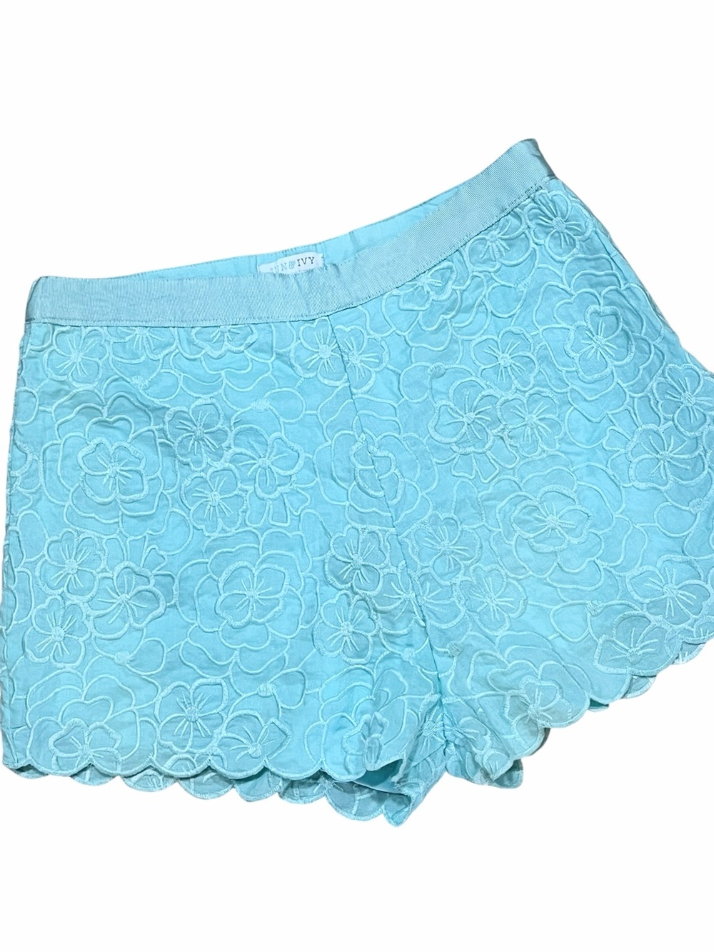 Jun & Ivy Light Blue Floral Scallop Hem Shorts Embroidered